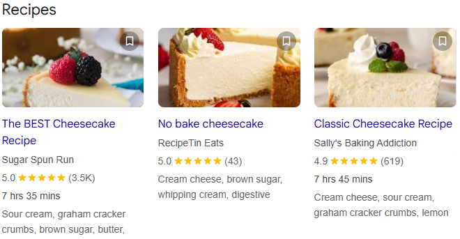 recipe schema rich results for cheese cake